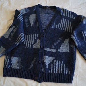 Men's Blue Patterned Button Up Sweater